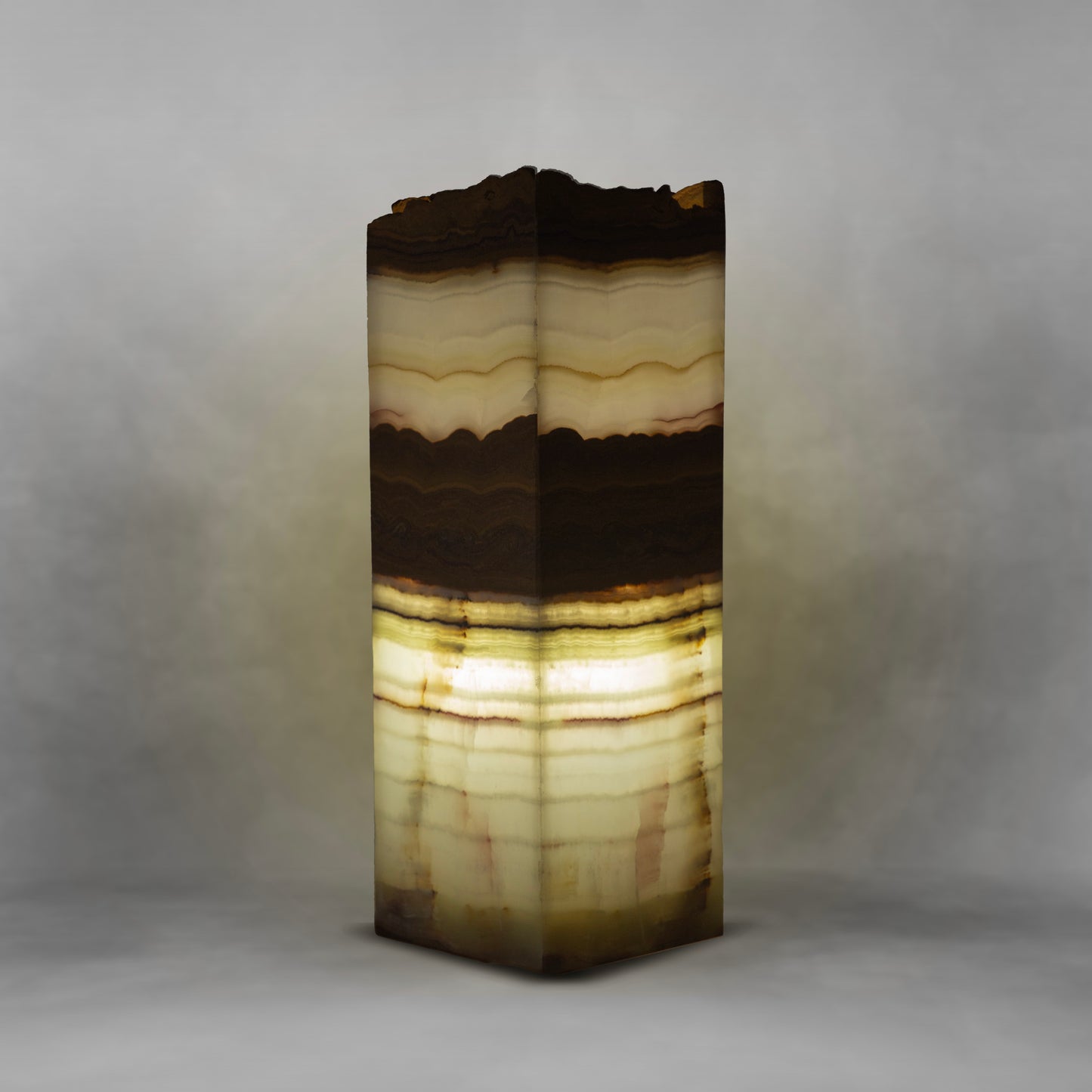 Layers of the Earth Series 102, cream and brown onyx rectangle table lamp, irregular top