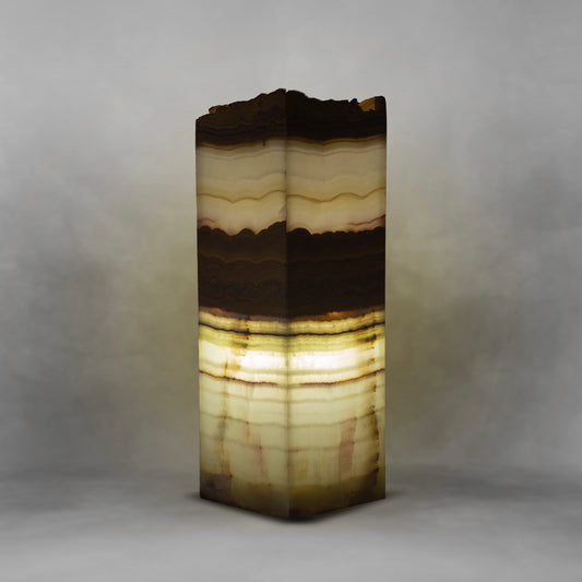 Layers of the Earth Series 102, cream and brown onyx rectangle table lamp, irregular top