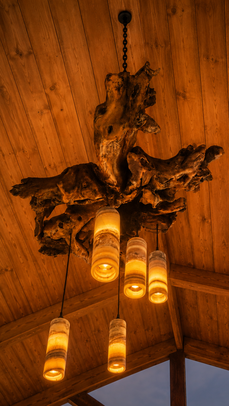 Custom live edge wood chandelier with onyx stone cylinder shades
