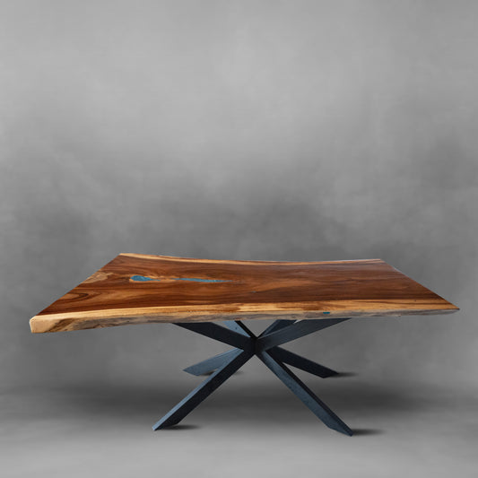 Exquisite live edge dinning table carved from acacia wood with a beautiful turquoise detail