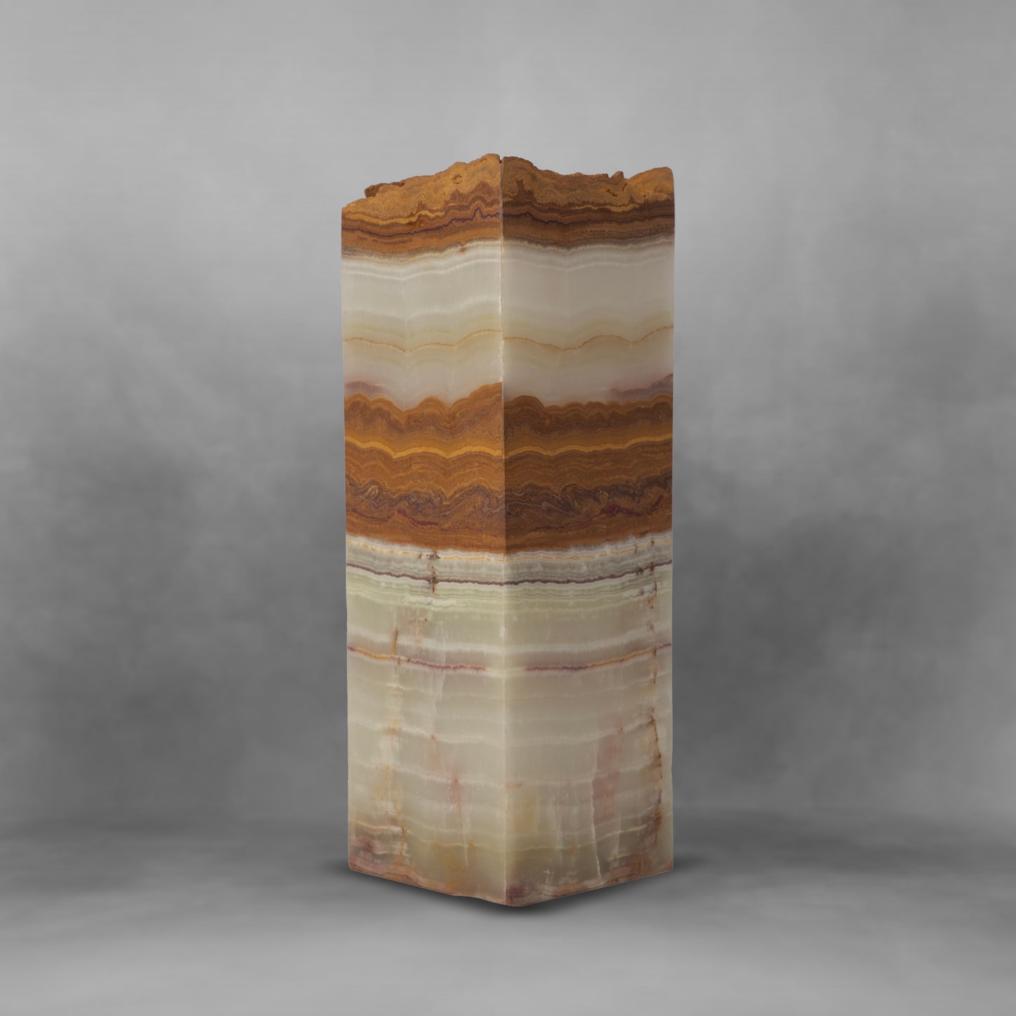 Layers of the Earth Series 102, cream and brown onyx rectangle table lamp, irregular top