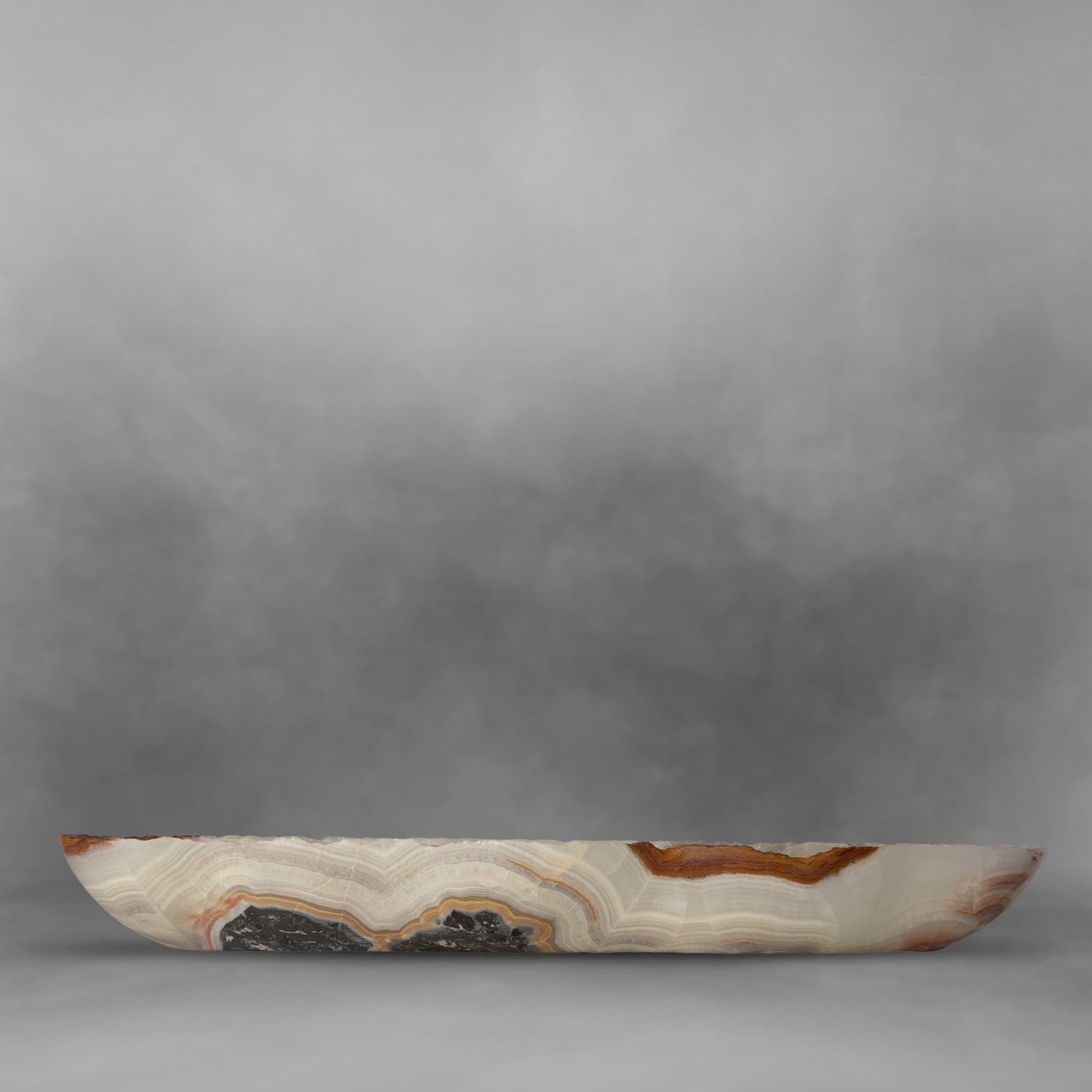 Aesthetic decorative canoe with rare color combination, pearl, black and orange, large onyx bowl