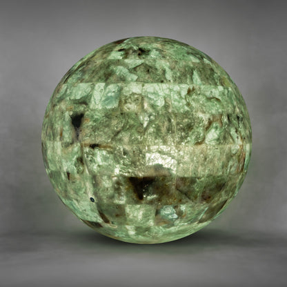 Snow in the Grass, whites and lights greens, flourite sphere lamp